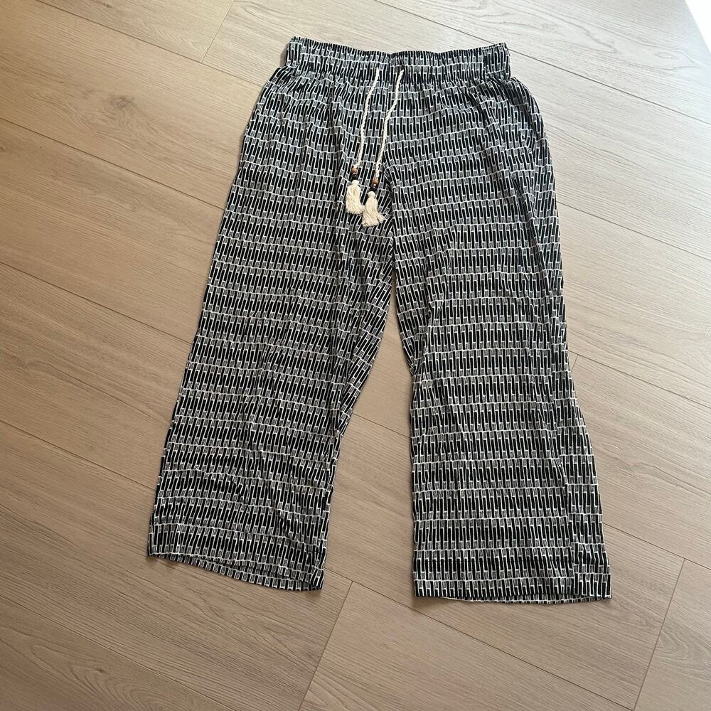 Nicole Miller New York 100% Linen Wide Leg Pants Black White Print